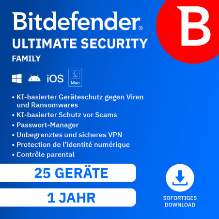 Bitdefender Ultimate Security Family 25 Geräte 1 Jahr (aktuelle Jahresversion)